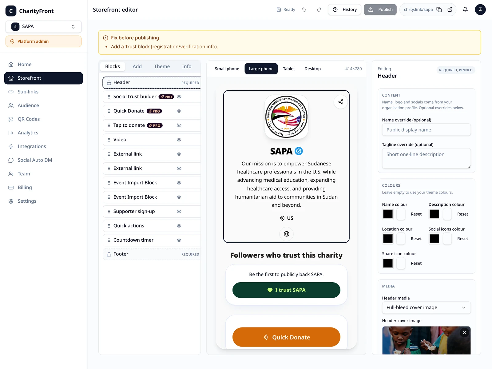 CharityFront storefront editor with block list, live phone preview and theme controls